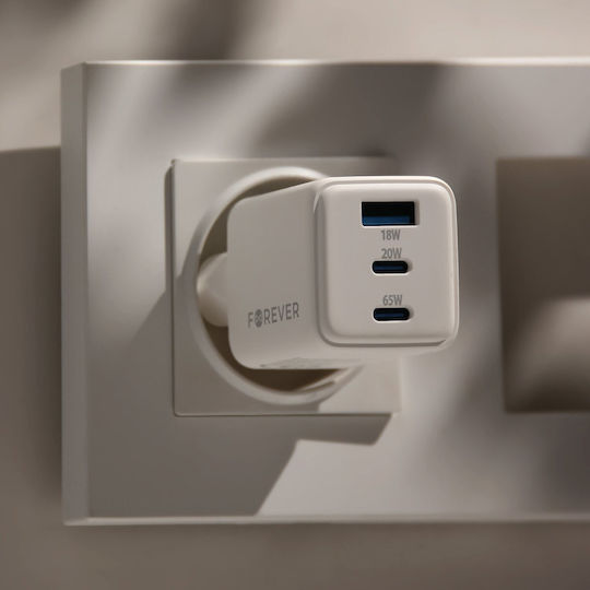 Forever Charger Without Cable GaN with USB-A Port and 2 USB-C Ports 65W Power Delivery Whites (TC-08-65ACC)