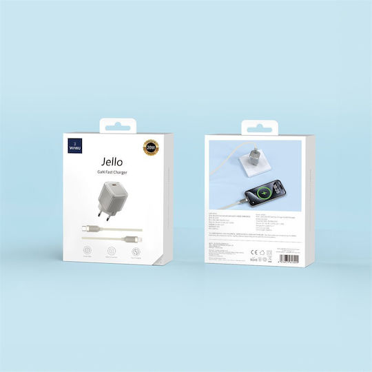 Wiwu Φορτιστής GaN με Θύρα USB-C και Καλώδιο USB-C - USB-C 30W Λευκός (Jello U017)