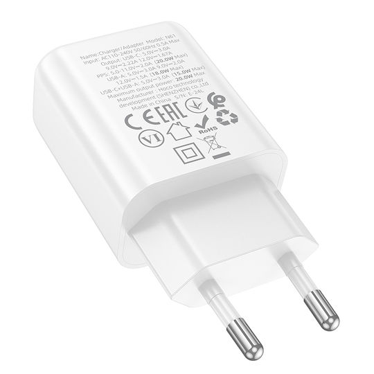 Hoco Ladegerät ohne Kabel mit USB-A Anschluss und USB-C Anschluss 20W Stromlieferung / Schnellaufladung 3.0 Weißs (N61)