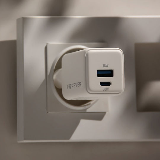 Forever Charger Without Cable GaN with USB-A Port and USB-C Port 30W Power Delivery Whites (TC-08-30AC)