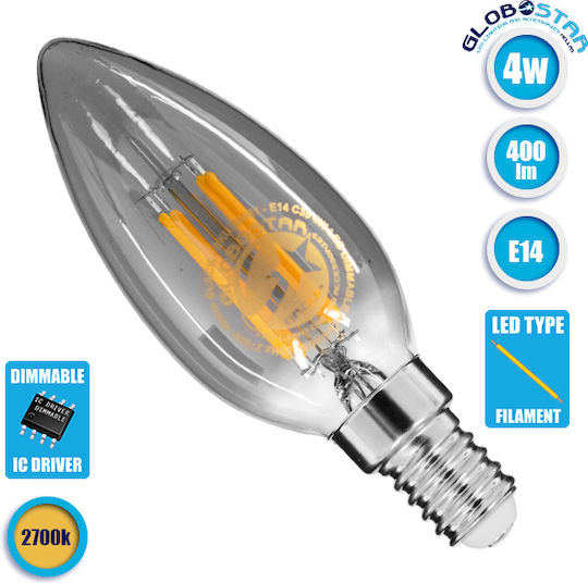 GloboStar Edison Retro LED-Lampe 4W 98mm für Fassung E14 und Form C35 Warmes Weiß 400lm Dimmbar