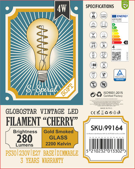 GloboStar Λάμπα LED 6W 175mm για Ντουί E27 και Σχήμα PS30 Θερμό Λευκό 500lm Dimmable
