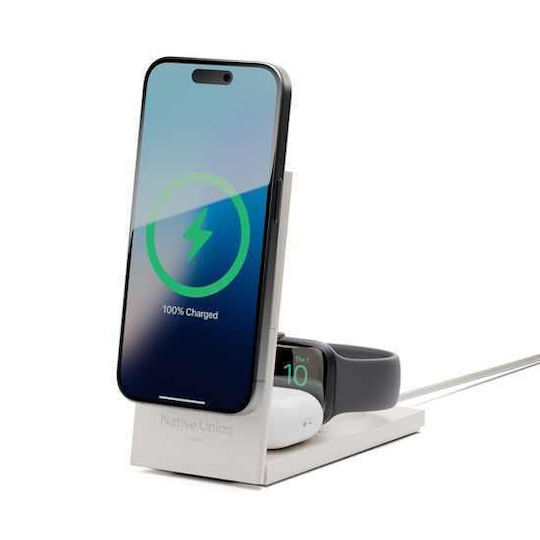 Native Union Безжично зарядно Qi2 и кабел USB-C 15W Сив (Rise 3-in-1)