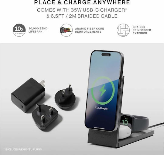 Native Union Безжично зарядно Qi2 и кабел USB-C 15W Сив (Rise 3-in-1)
