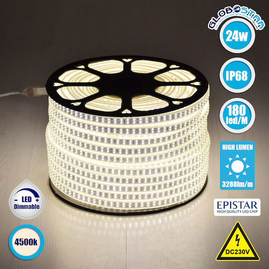 GloboStar Αδιάβροχη Ταινία LED 220V Φυσικό Λευκό Φως 1m Τύπου SMD2835