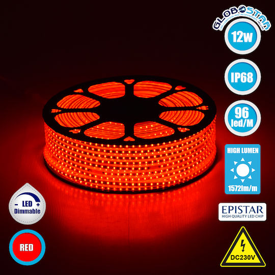 GloboStar Αδιάβροχη Ταινία LED 220V Κόκκινο Φως 1m Τύπου SMD2835