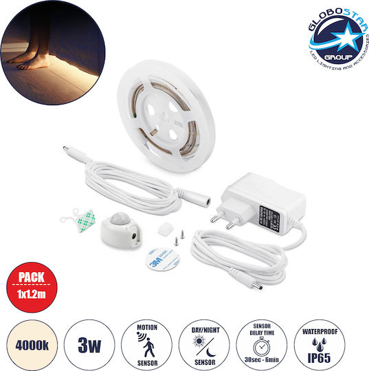 GloboStar Waterproof LED Strip 12V Natural White Light 1.2m Type SMD2835 with Power Supply