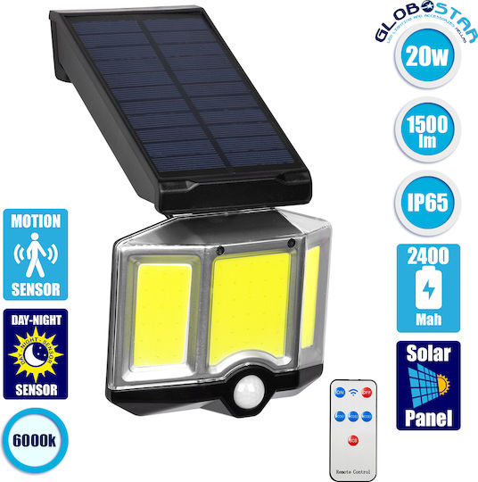 GloboStar Στεγανός Ηλιακός Προβολέας LED 20W Ψυχρό Λευκό 6000K με Αισθητήρα Κίνησης IP65