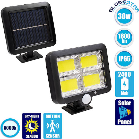 GloboStar Στεγανός Ηλιακός Προβολέας LED 30W Ψυχρό Λευκό 6000K με Αισθητήρα Κίνησης και Φωτοκύτταρο IP65