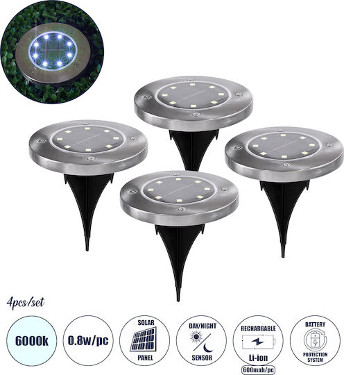 GloboStar Σετ 4 Καρφωτά Ηλιακά Φωτιστικά 0.8W 80lm Ψυχρό Λευκό 6000K με Φωτοκύτταρο IP65