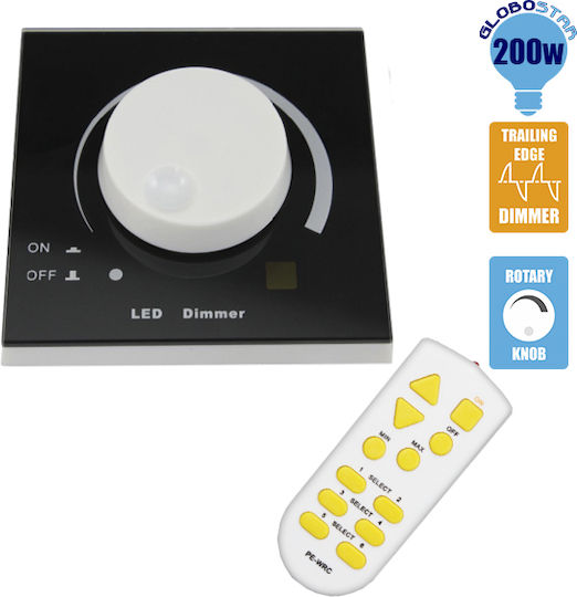 GloboStar Διακόπτης Dimmer με Πλαίσιο LED Περιστροφικός 200W Knob 220 Volt 200 Watt Trailing Edge Μαύρο σε Μαύρο Χρώμα