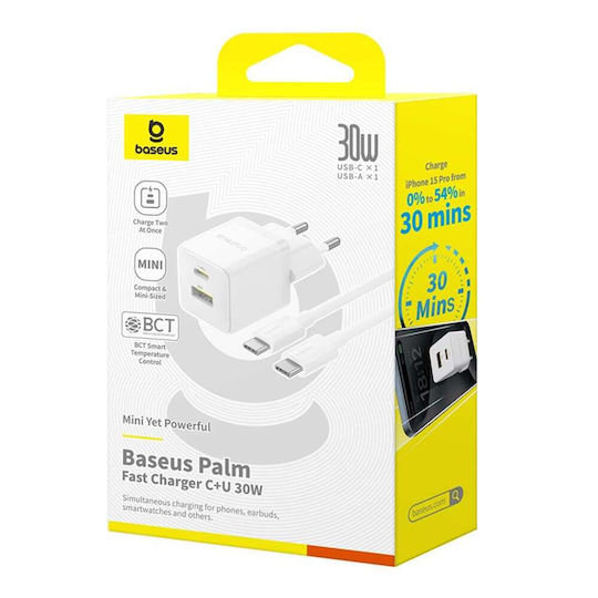 Baseus Charger with USB-A Port and USB-C Port and Cable USB-C - USB-C 30W Whites (Palm)