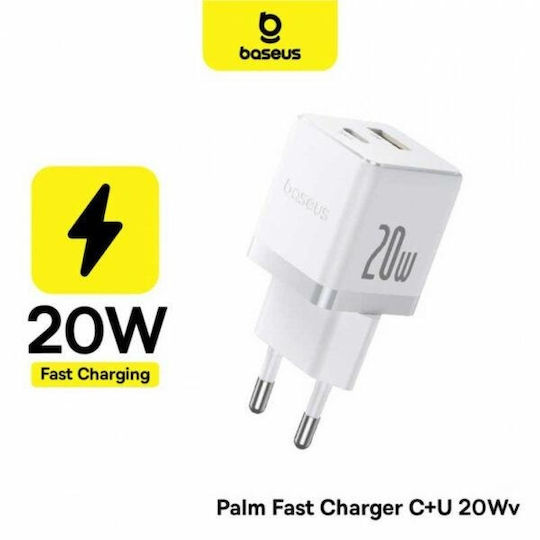 Baseus Mobile Phone Charger With USB-A Output Port And USB-C Output Port And USB-C - USB-C Cable 20W Quick Charge 3.0 White Palm