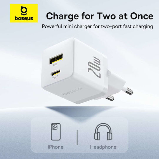 Baseus Mobile Phone Charger With USB-A Output Port And USB-C Output Port And USB-C - USB-C Cable 20W Quick Charge 3.0 White Palm