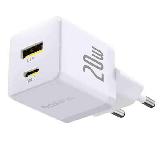 Baseus Mobile Phone Charger With USB-A Output Port And USB-C Output Port And USB-C - USB-C Cable 20W Quick Charge 3.0 White Palm