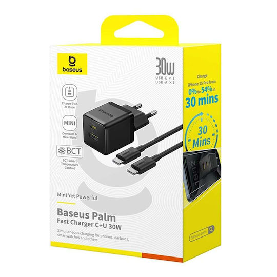 Baseus Φορτιστής με Θύρα USB-A και Θύρα USB-C και Καλώδιο USB-C - USB-C 30W Μαύρος (Palm)