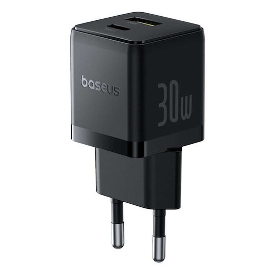 Baseus Φορτιστής με Θύρα USB-A και Θύρα USB-C και Καλώδιο USB-C - USB-C 30W Μαύρος (Palm)