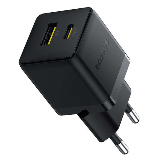 Baseus Φορτιστής με Θύρα USB-A και Θύρα USB-C και Καλώδιο USB-C - USB-C 30W Μαύρος (Palm)