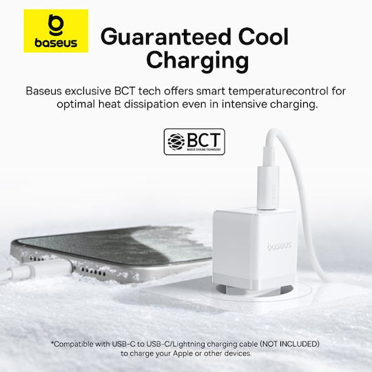 Baseus Mobile Phone Charger With USB-A Output Port And USB-C Output Port And USB-C - USB-C Cable 20W Quick Charge 3.0 White Palm