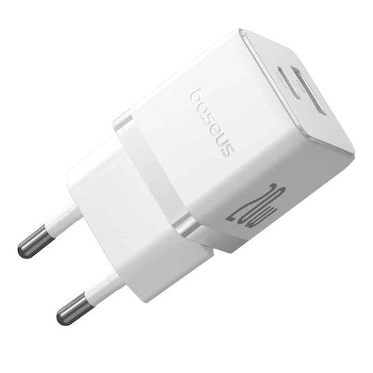Baseus Mobile Phone Charger With USB-A Output Port And USB-C Output Port And USB-C - USB-C Cable 20W Quick Charge 3.0 White Palm