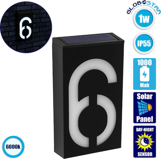 GloboStar Number 6 Wall Mounted Solar Light House Number 1W 100lm Cold White 6000K with Photocell IP55