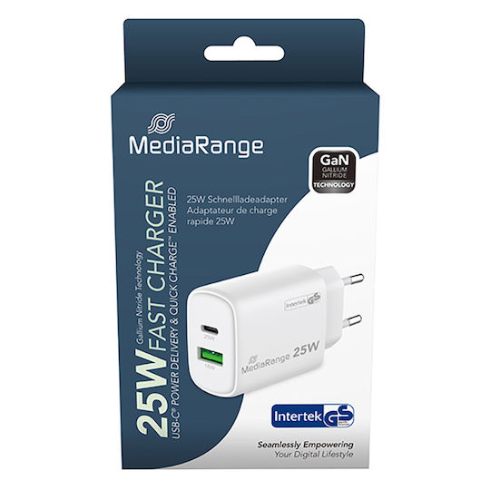MediaRange Зарядно без кабел GaN с USB-A порт и USB-C порт 25W Power Delivery Бял (MRMA112-2)