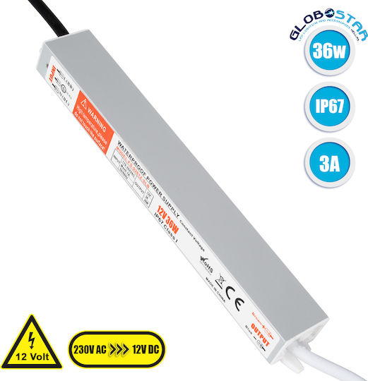 GloboStar LED-Netzteil Wasserdicht IP67 Leistung 36W mit Ausgangsspannung 12V