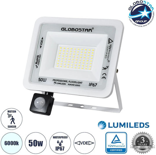 GloboStar Aurora Waterproof LED Floodlight 50W Cold White 6000K with Motion Sensor IP67