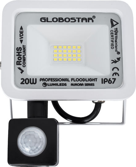 GloboStar Aurora Waterproof LED Flood Light 20W Cold White 6000K with Motion Sensor IP67