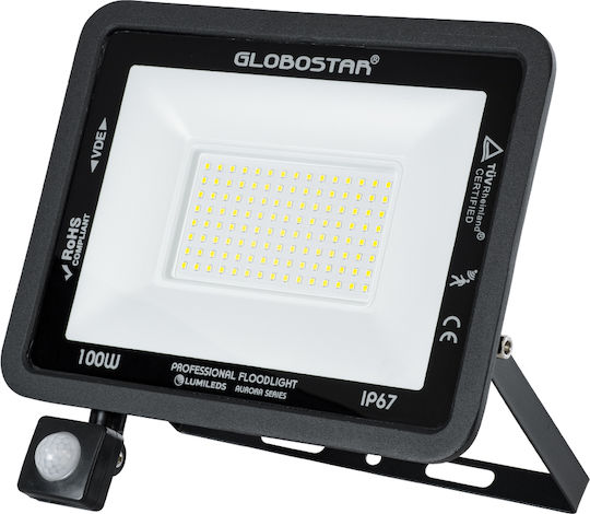 GloboStar Atlas Wasserdicht LED Flutlicht 100W Kaltweiß 6000K mit Bewegungssensor IP67