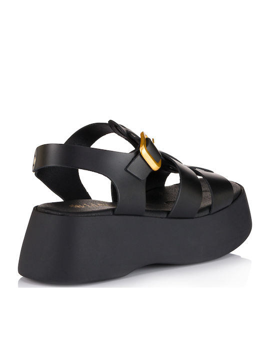 Δερμάτινα Γυναικεία Σανδάλια Flatforms Μαύρα