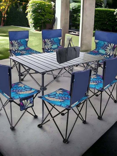 Metallic Camping Table Set for Camping Foldable in Case Blue 7 Pieces