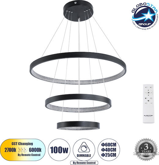GloboStar Diamond Κρεμαστό Φωτιστικό Μαύρο LED με Ρυθμιζόμενο Λευκό Φως 94.5x68.5x90εκ.