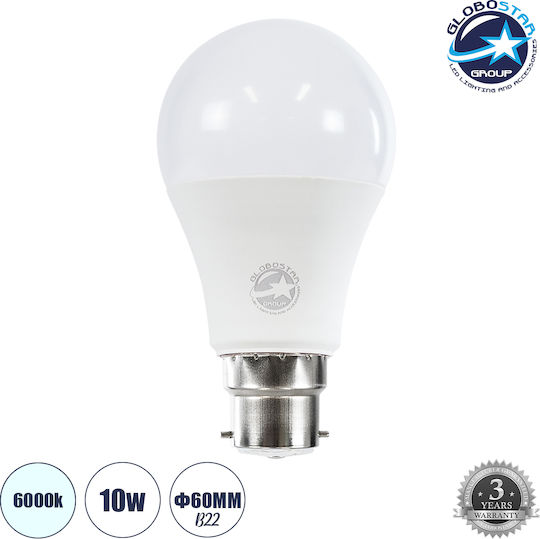 GloboStar Λάμπα LED 10W 110mm για Ντουί B22 και Σχήμα A60 Ψυχρό Λευκό 1000lm Dimmable