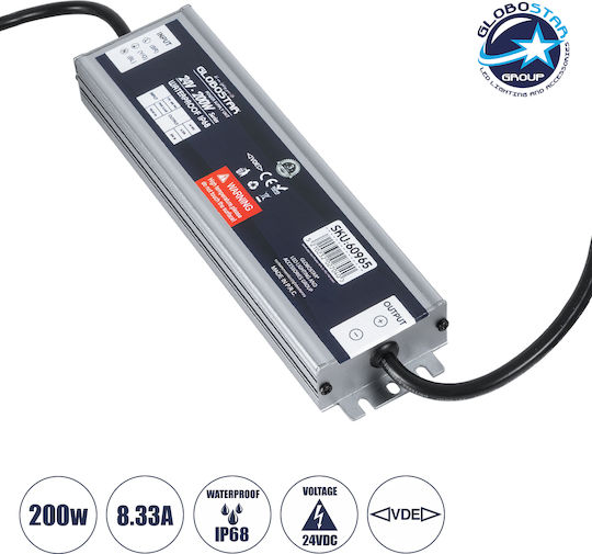 GloboStar Ρυθμιζόμενο Dimmable Τροφοδοτικό LED Στεγανό IP68 Ισχύος 200W με Τάση Εξόδου 24V