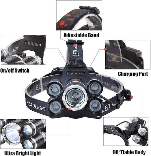 GloboStar Rechargeable Headlamp LED IP44 with Maximum Brightness 5000lm XML2-T6 50pcs Black