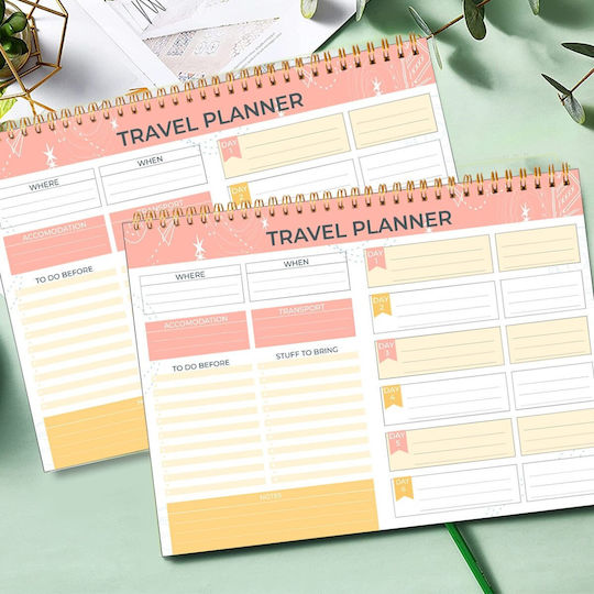 Agendă Planificator de Călătorii în Engleză Organizator Complet Vacanțe Excursii Legătură Spiralată 52 Pagini 25 X 18 Cm Hârtie 120 Gsm Alb Portocaliu