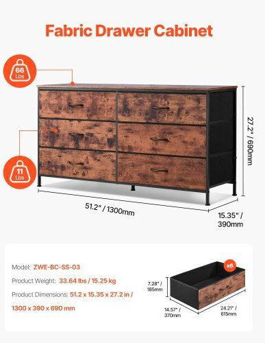 Συρταριέρα Κρεβατοκάμαρας mit 6 Schubladen Rustic Brown mit Stoffbezug 130x39x69cm