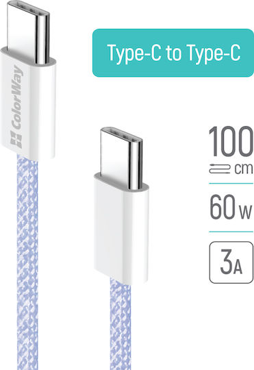 ColorWay Braided USB 2.0 Cable USB-C Male - USB-C 60W PD Purple 1m
