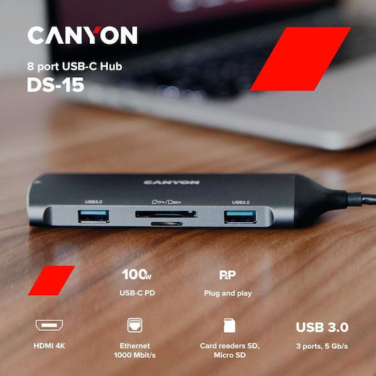 Canyon USB-C Docking Station with HDMI 4K PD Ethernet Gray (CNS-TDS15)