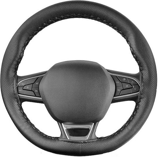 Auto Gs Auto-Lenkradabdeckung Maßgeschneidert mit Durchmesser 38cm aus Kunstleder Schwarz mit Schwarzer Naht