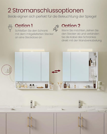 Vasagle BBK126W01 Καθρέπτης Led από MDF με Ράφι & Ντουλάπι 150x45cm Λευκός