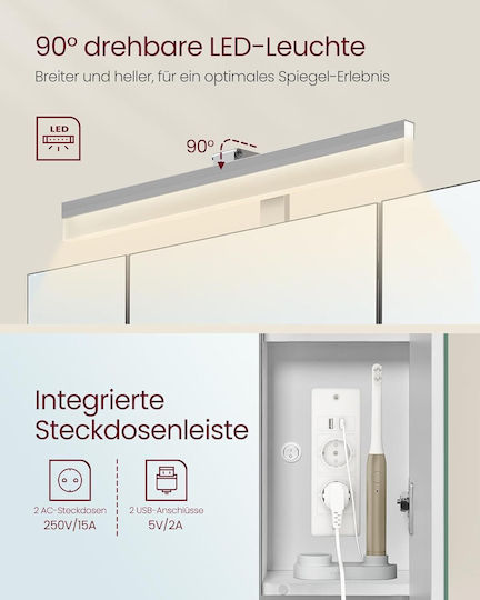Vasagle Rectangular Bathroom Mirror Led made of MDF with Shelf and Cabinet 150x45cm White