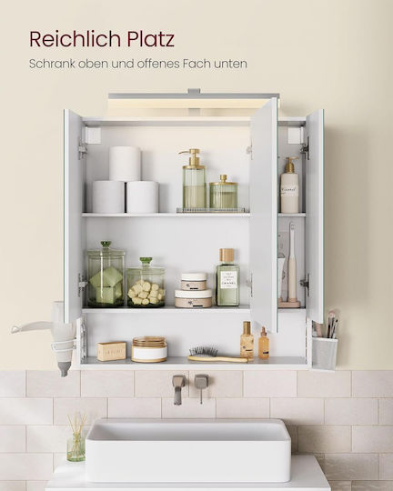Vasagle Rectangular Bathroom Mirror Led made of MDF with Shelf and Cabinet 150x45cm White