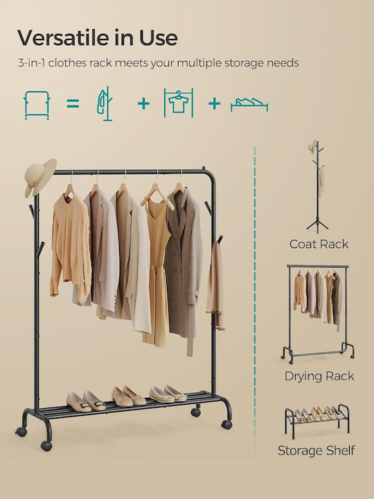 Songmics Wheeled Floor Garment Rack made of Metal Black 103.5x41x155cm