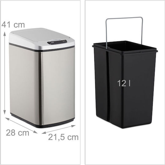 Relaxdays Metallischer Mülleimer mit Sensor Schwarz-Silber 12l