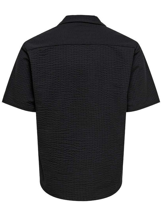 Short-sleeved Cotton Shirt in Wide Line Jet Black