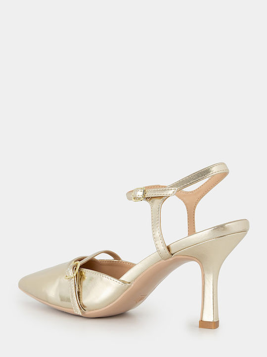 Leather Pointed Toe Gold Medium Heels with Strap