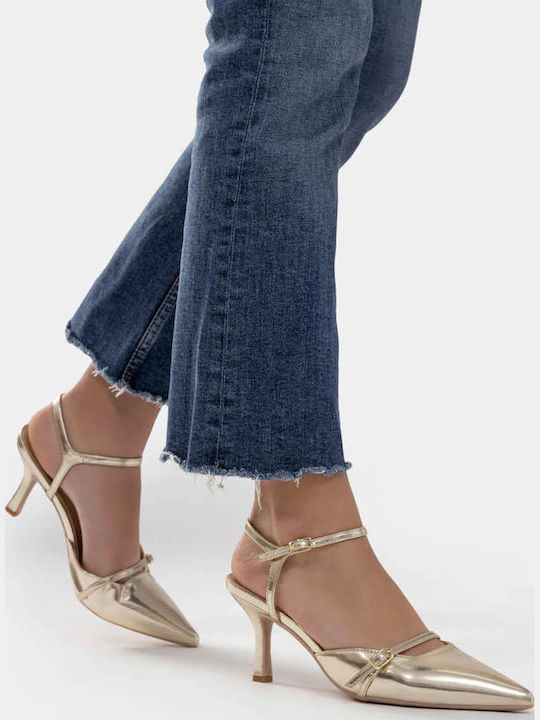 Leather Pointed Toe Gold Medium Heels with Strap