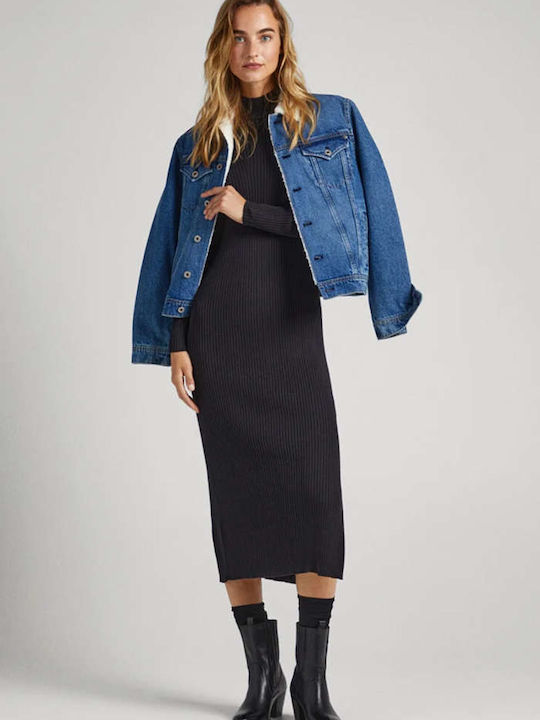Dalia Midi Dress Knitted Turtleneck with Tearing Black